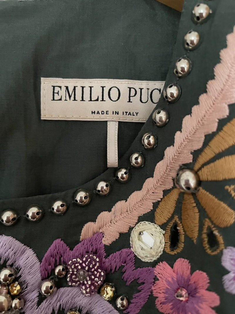 Emilio Pucci Khaki Studded Embroidered Cold-Shoulder Blouse