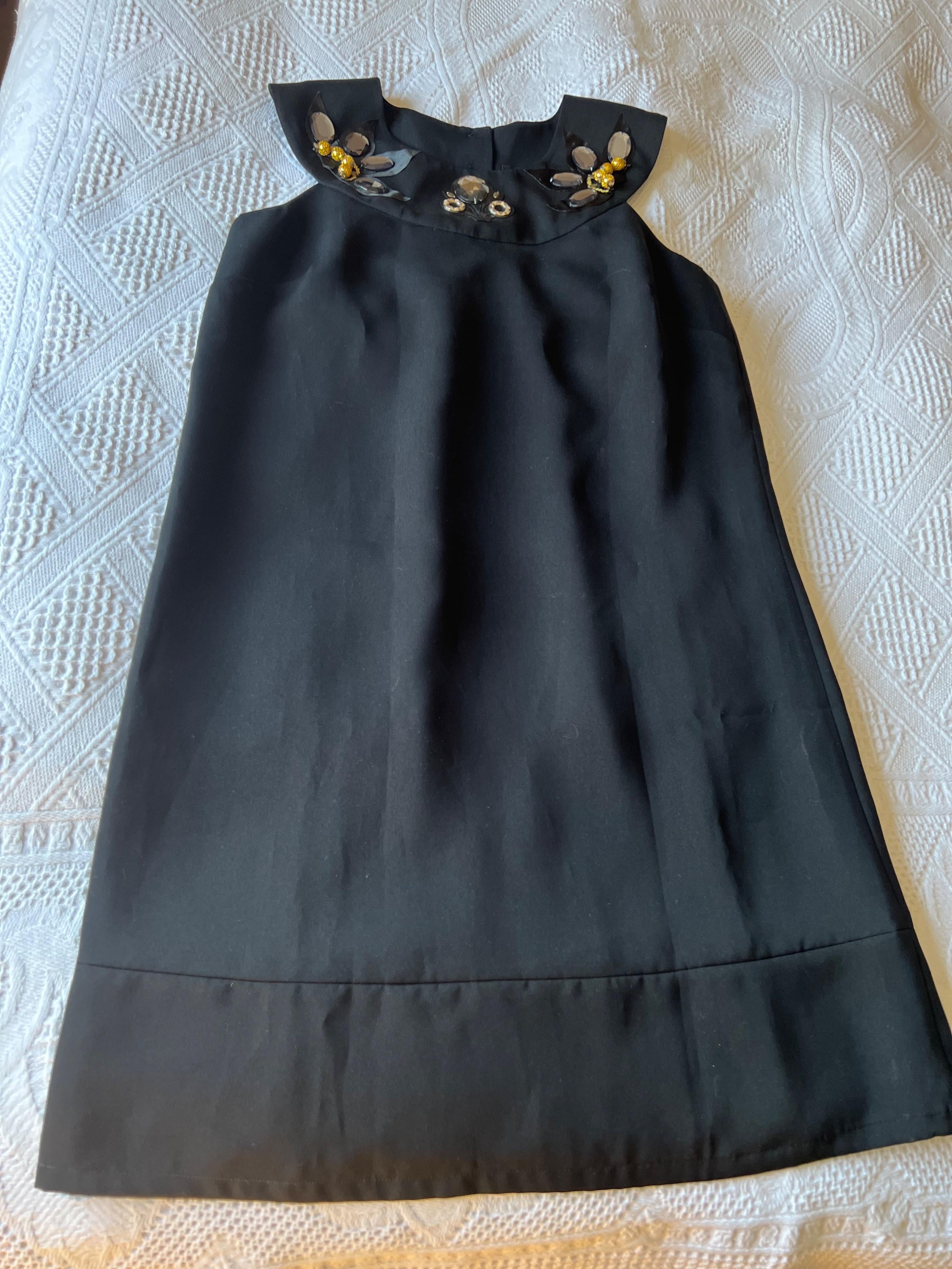 Black crepe embellished neckline shift dress