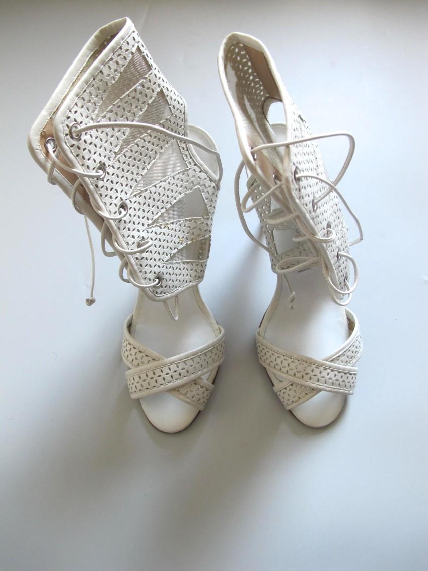 Manolo Blahnik White Lasercut Lace-Up Sandals