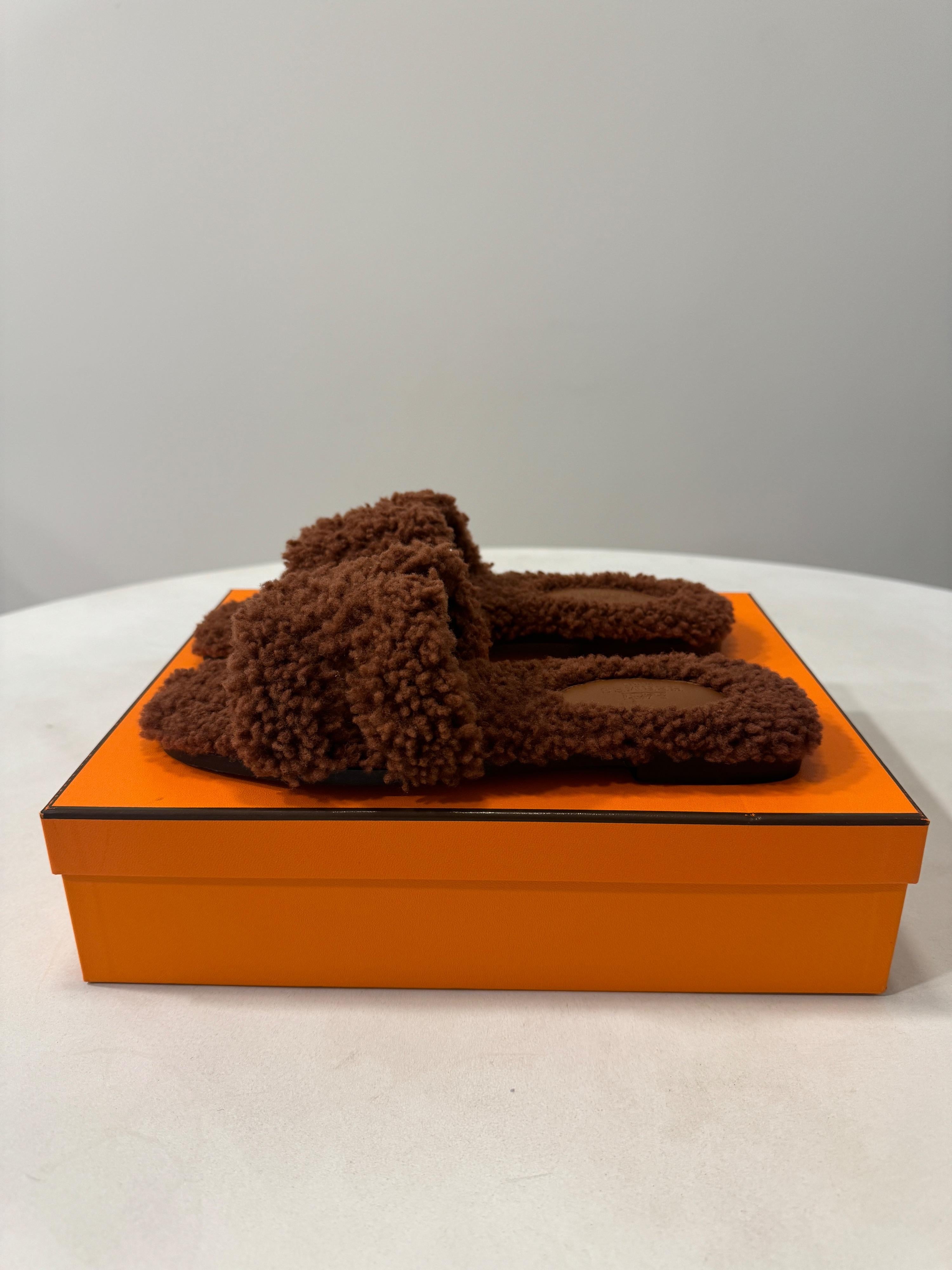 Hermes Cognac Fluffy Oran Sandals