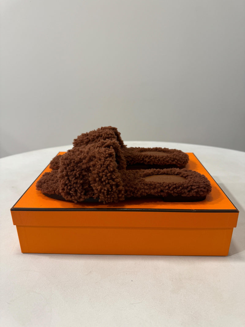 Hermes Cognac Fluffy Oran Sandals