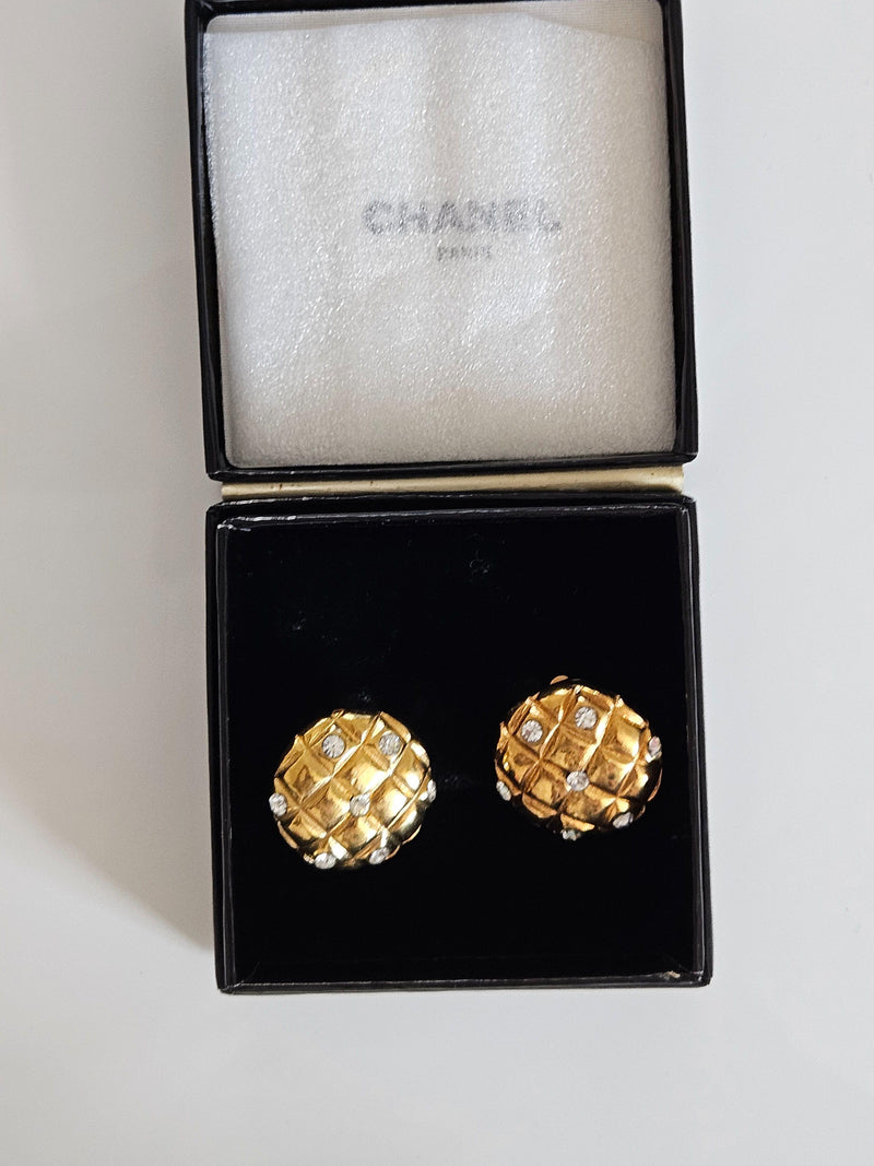 Chanel Vintage Gold Metal and Rhinestone Clip Earrings