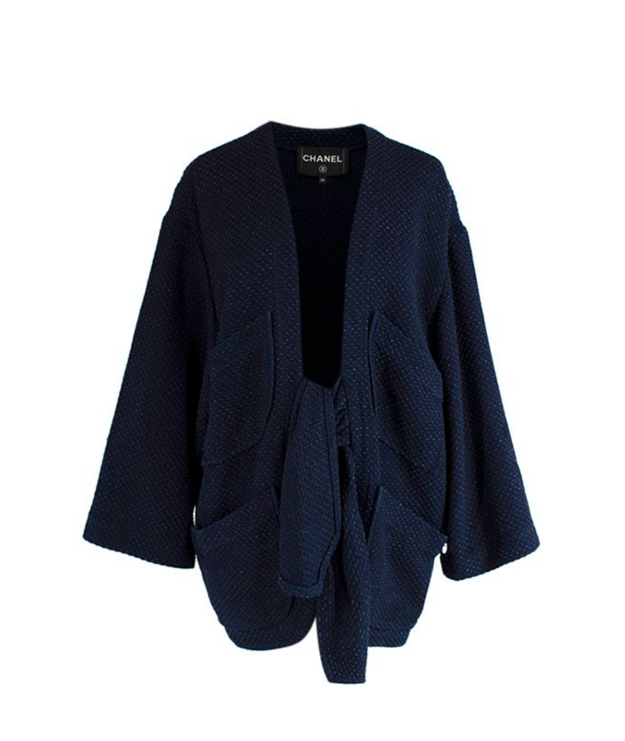 Chanel Navy Cotton Tie Front Cardigan