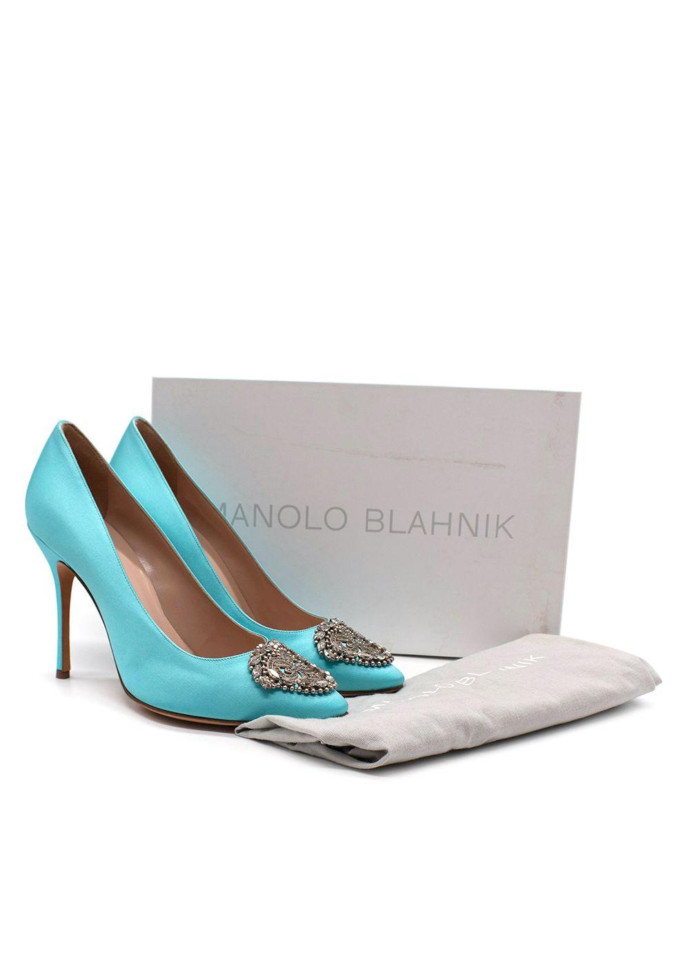 Manolo Blahnik Okkava 105 Turquoise Satin Heels