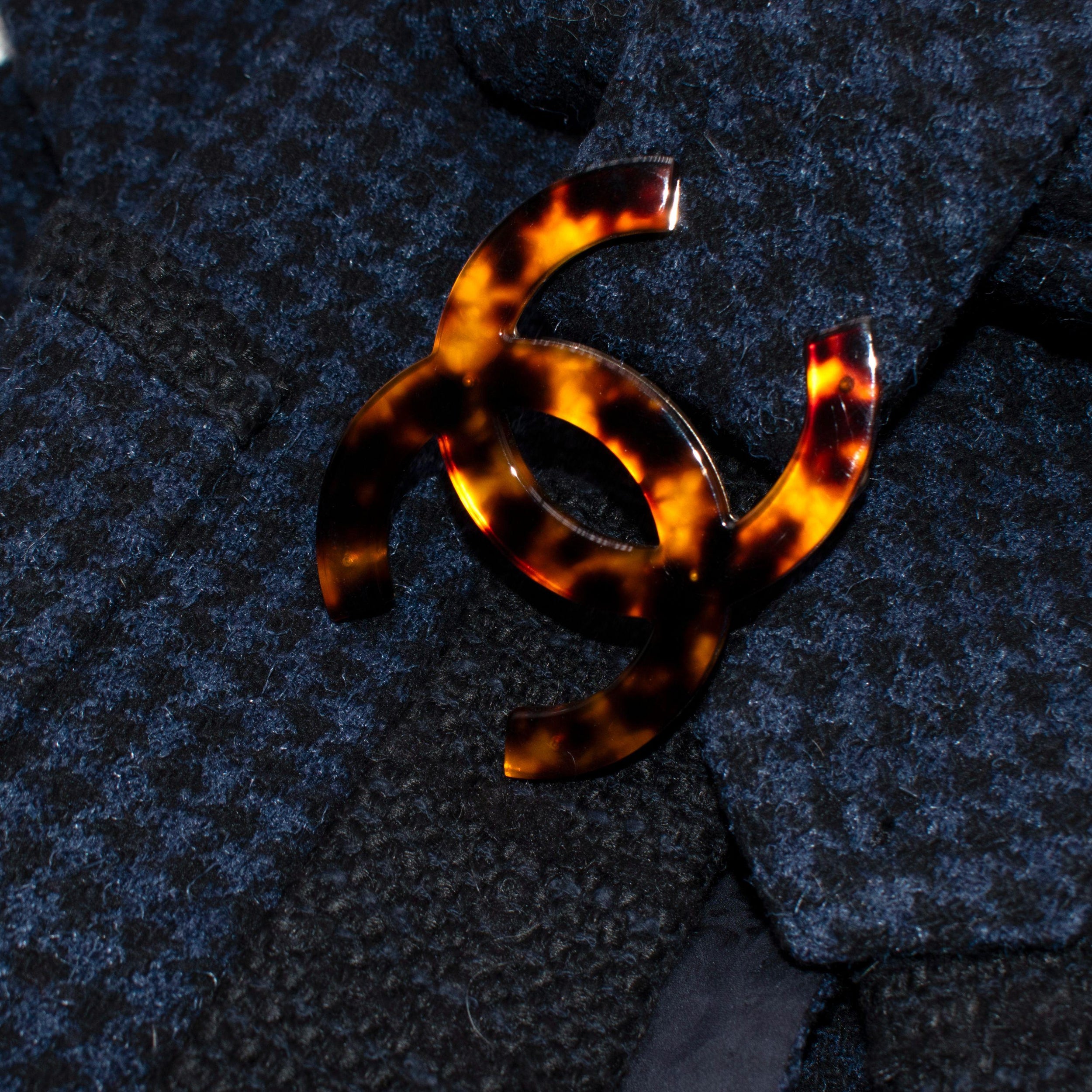 Chanel Navy Houndstooth Belted Wool Jacket