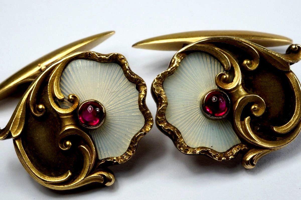 14k Gold Art Nouveau Antique Russian Ruby Cufflinks