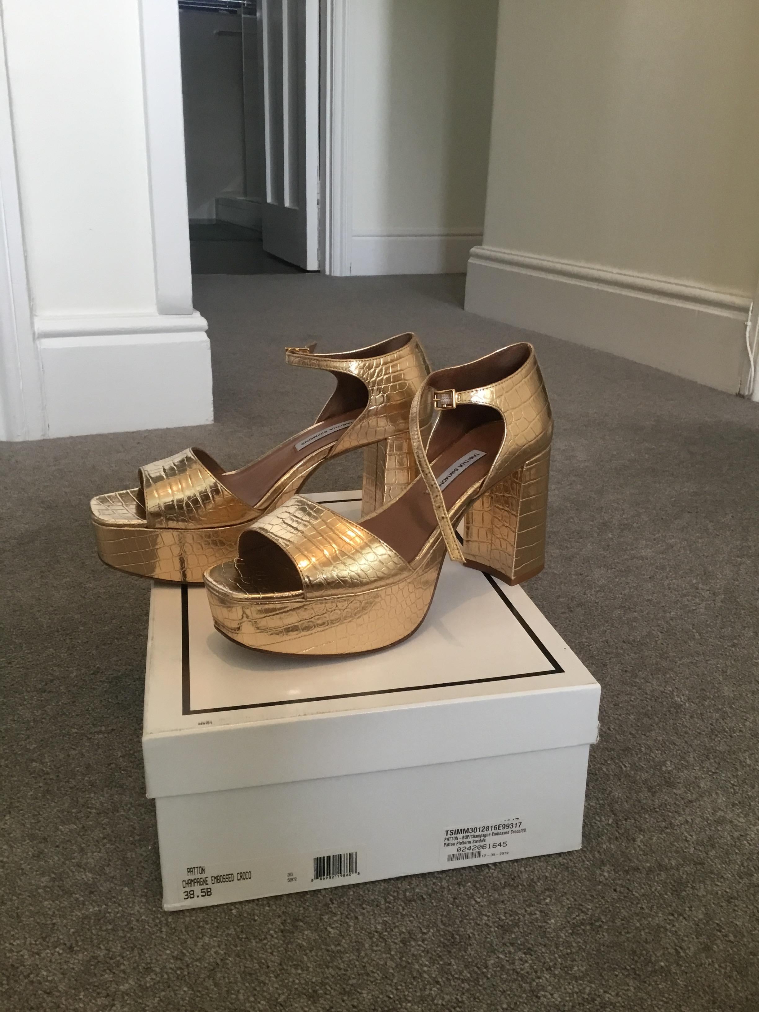 Gold croc embossed leather platform heeled sandals