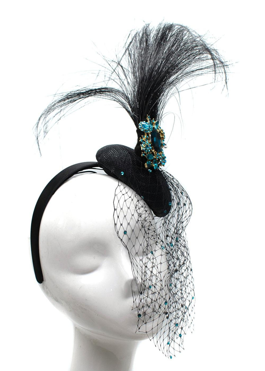 Black & Peacock Blue Crystal Embellished Mini Disc Fascinator with Veil