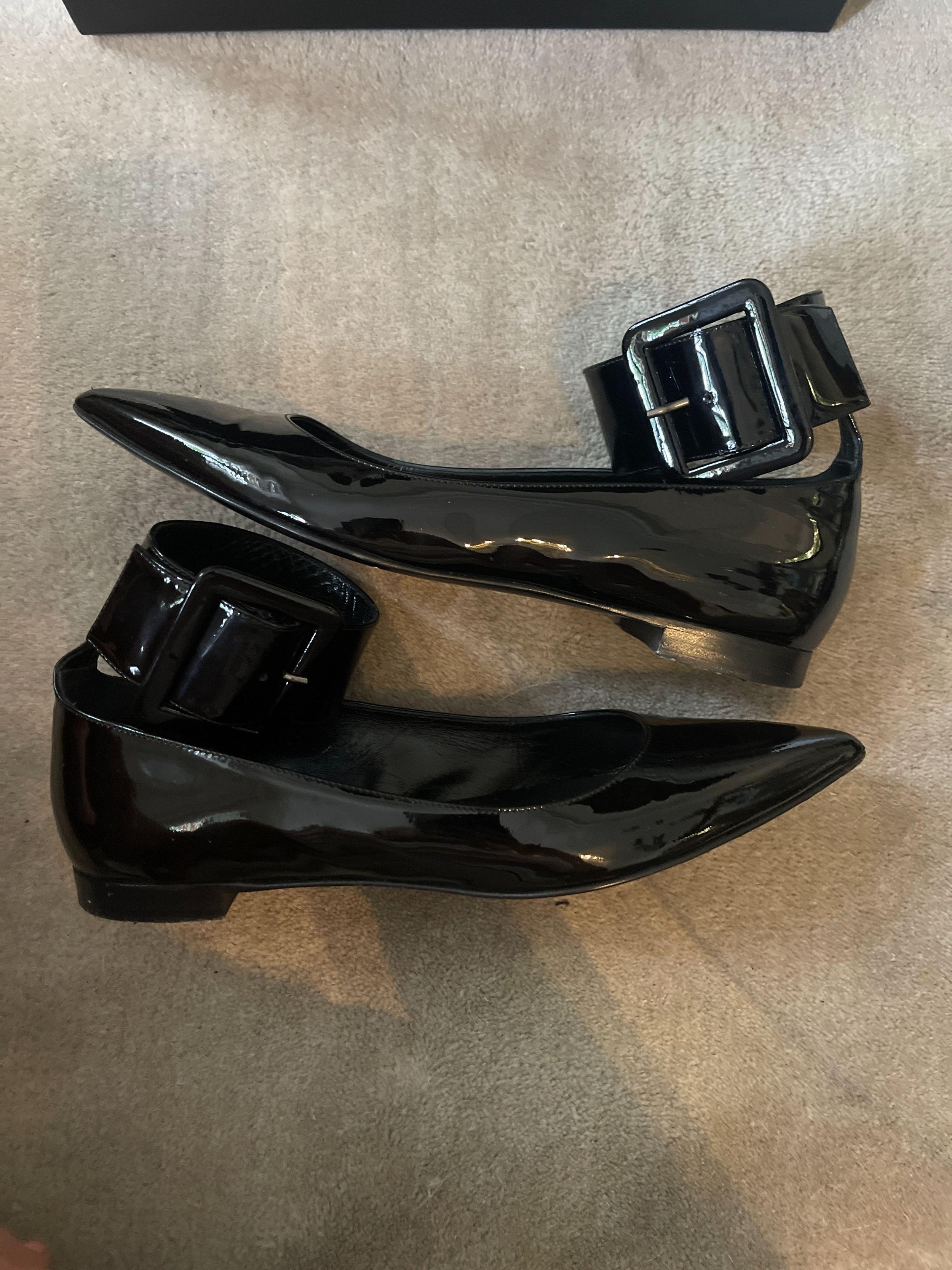 Saint Laurent Black Patent Leather Buckle Strap Ballet Flats
