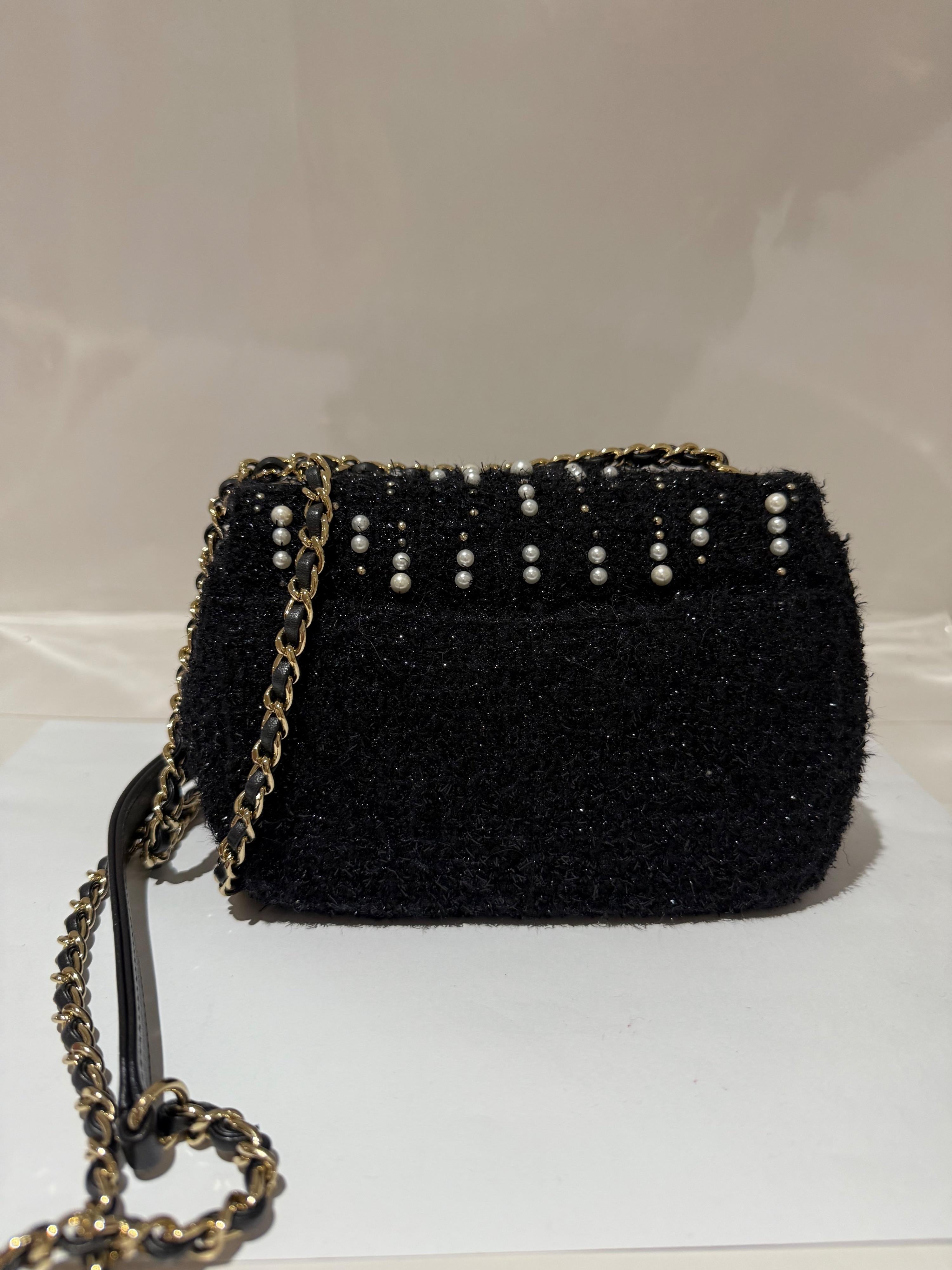 Chanel Black Tweed Cosmos Pearl Single Flap Bag
