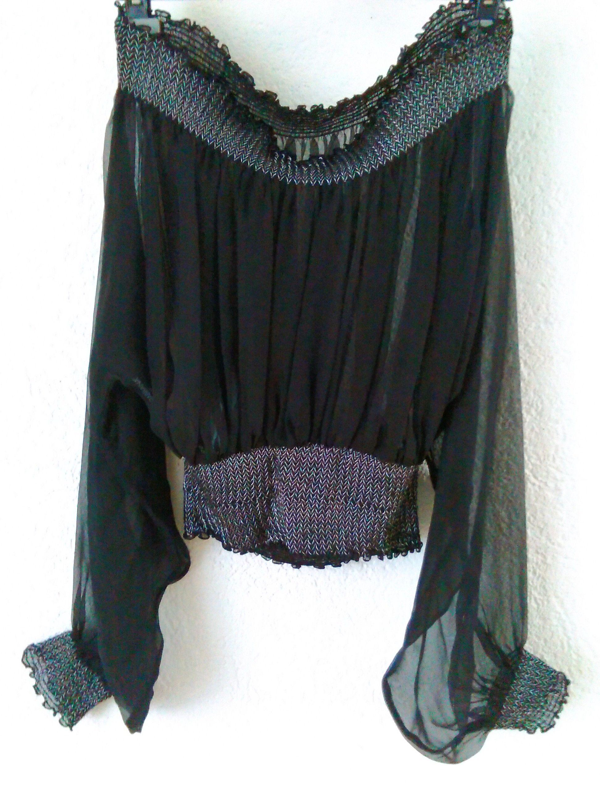 Black Silk Chiffon Off-Shoulder Top