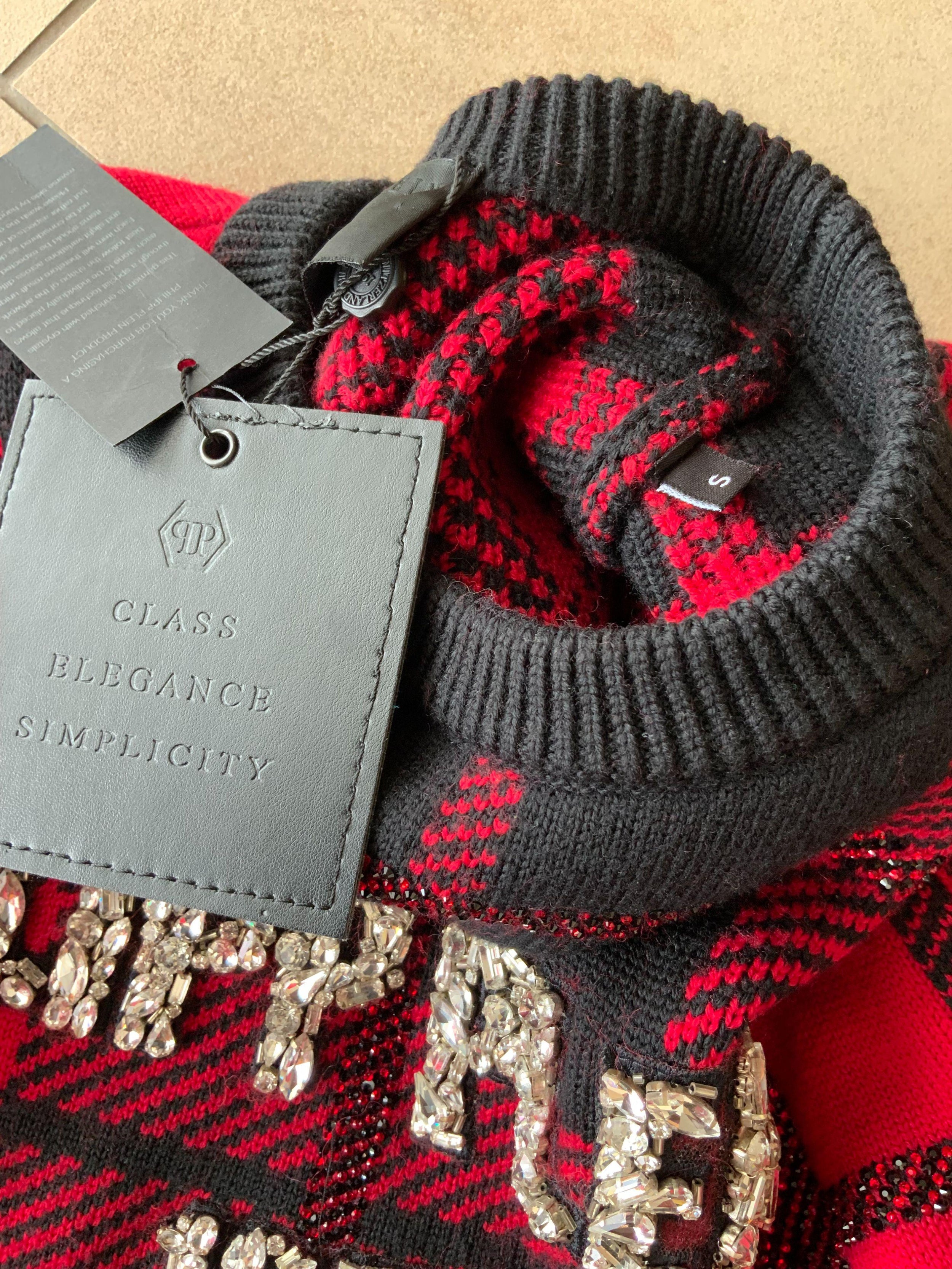 Red & Black Plaid Knit Crystal Embellished Sweater Dress