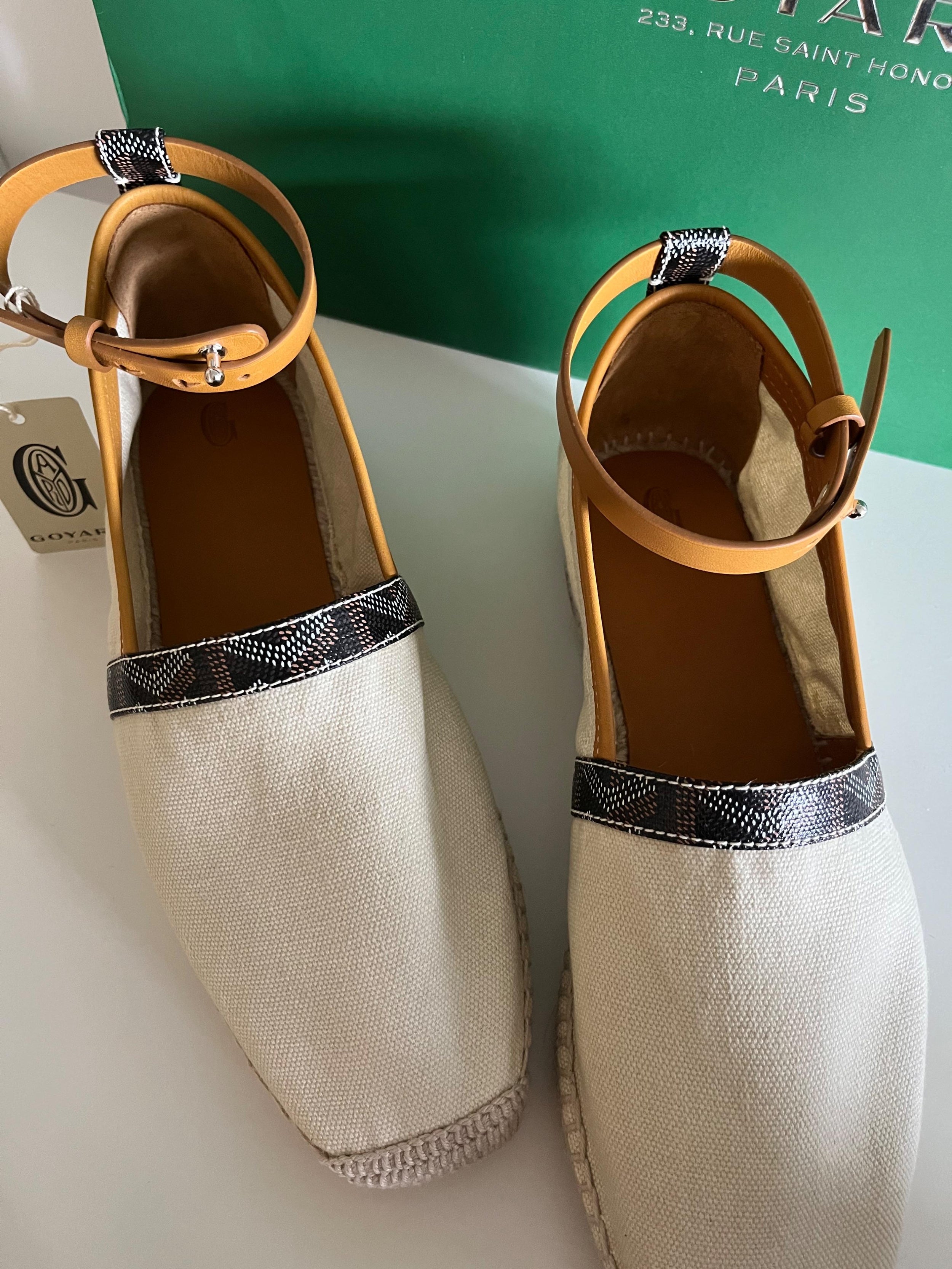 Natural canvas & leather ankle strap espadrilles