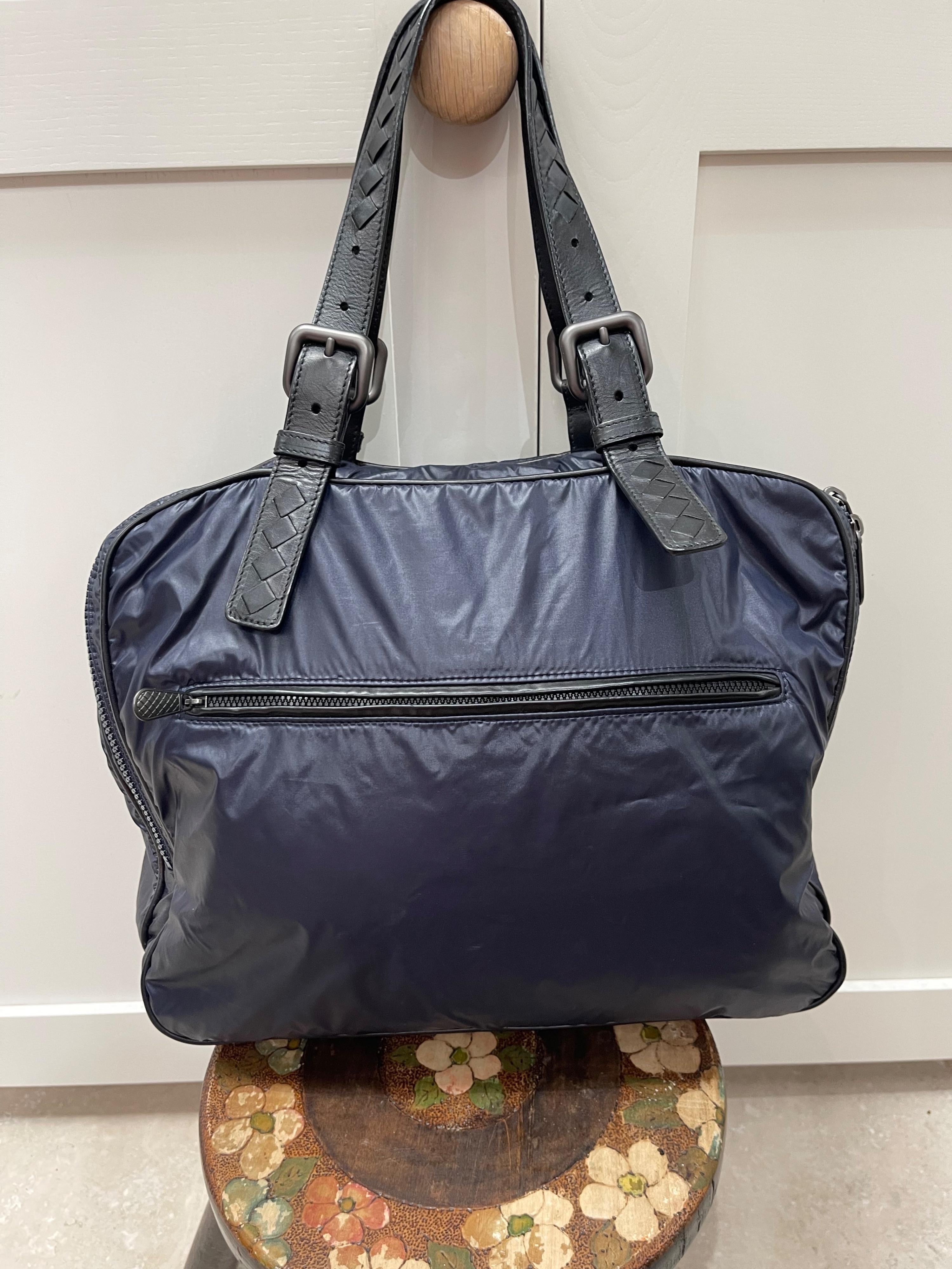 Intrecciato Leather Trimmed Nylon Tote Bag