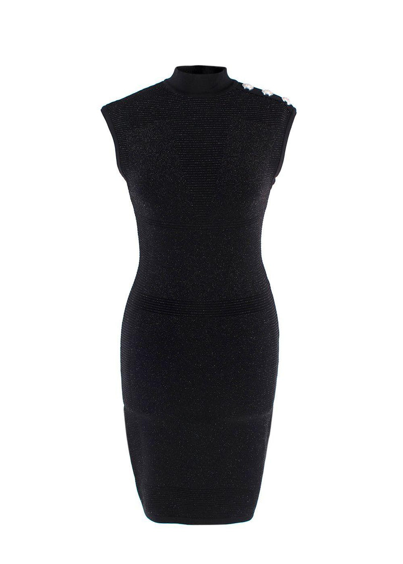 Balmain Black Metallic Ribbed Midi Dress with Silver Button Detail