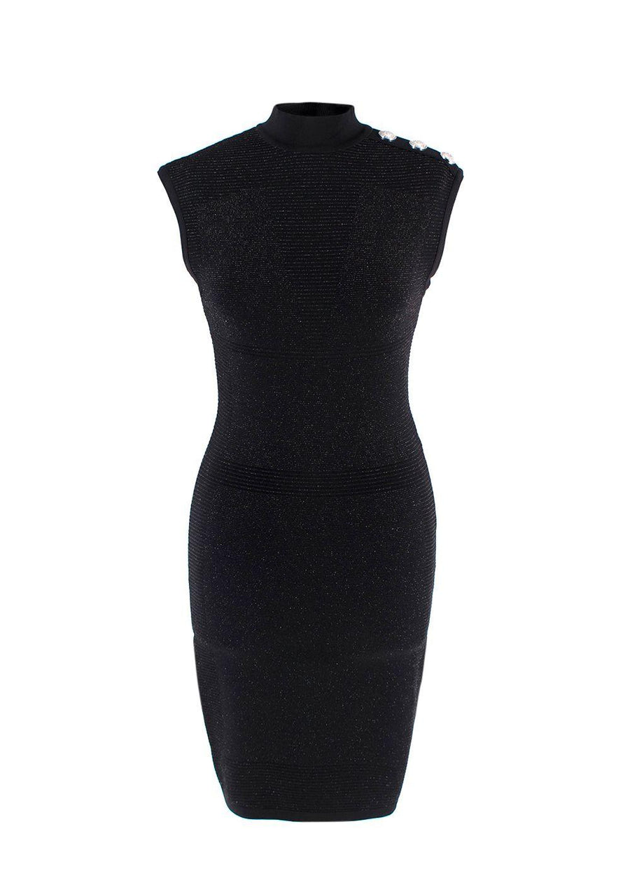 Balmain Black Metallic Ribbed Midi Dress with Silver Button Detail