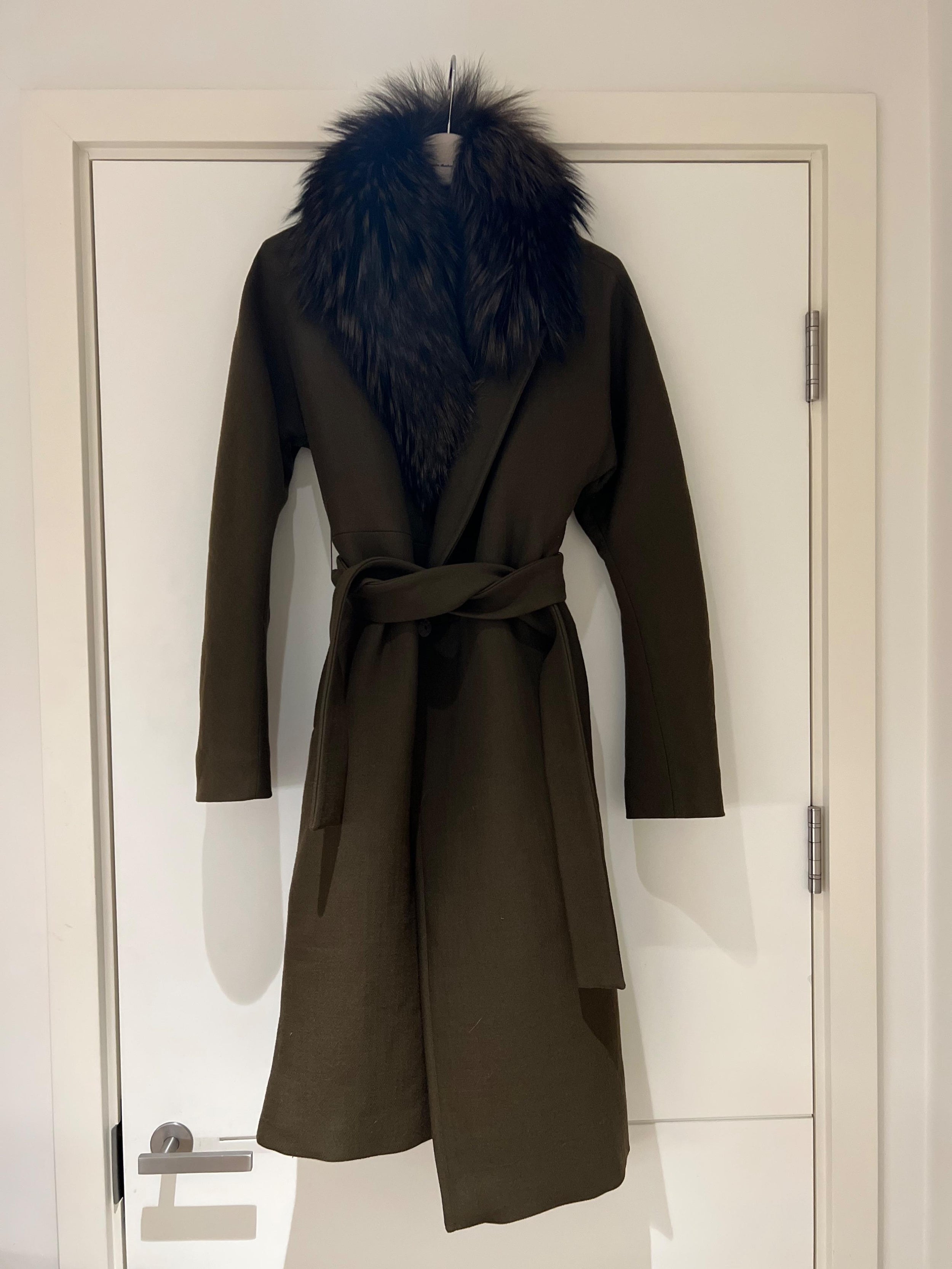 Atelier khaki wool & fur wrap coat