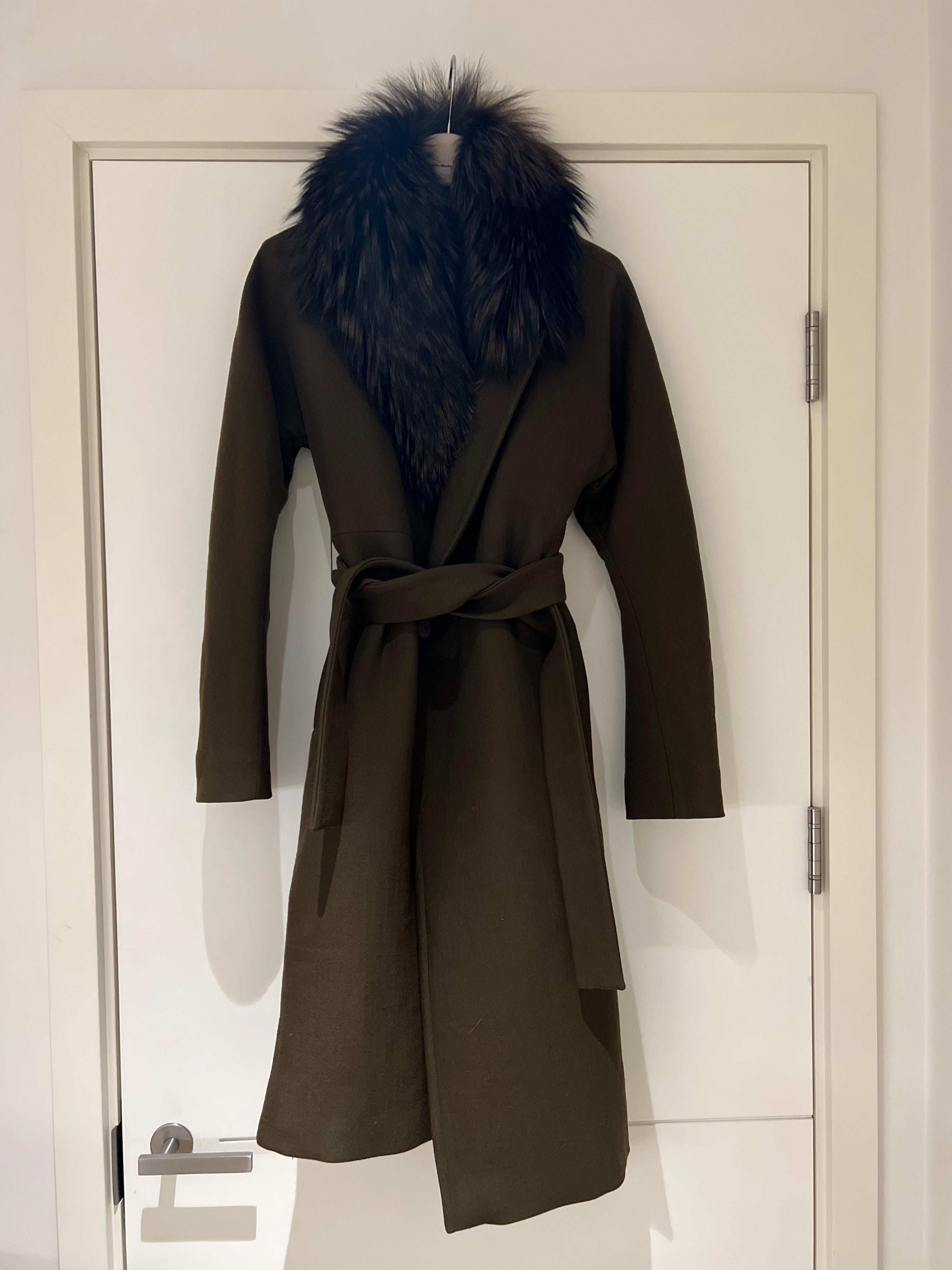 Atelier khaki wool & fur wrap coat