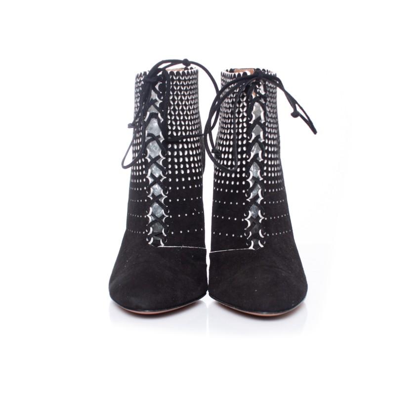 Alaia Black Suede Lasercut Lace-Up Ankle Boots