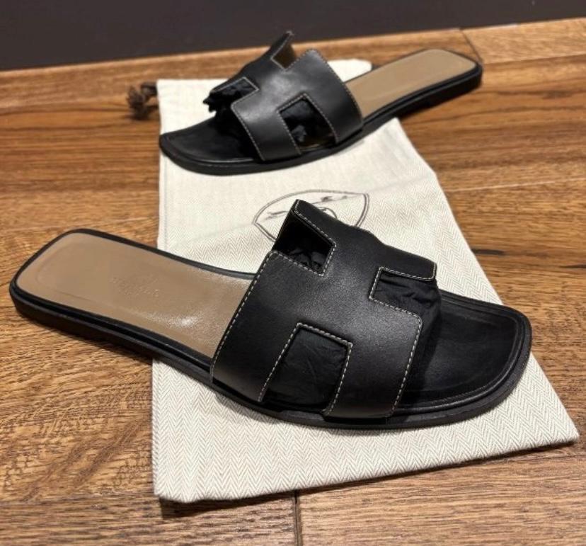 Hermes Black Leather Oran Sandals