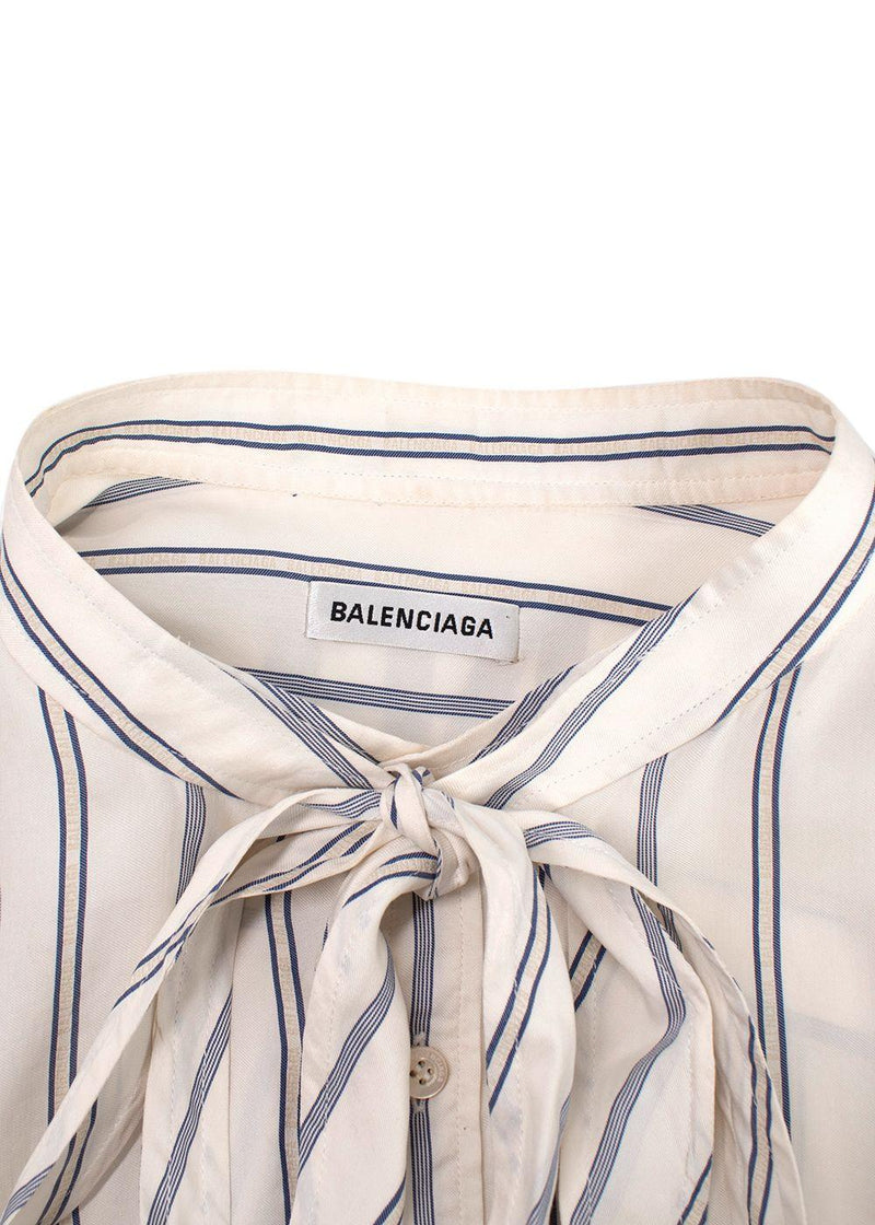 Balenciaga White and Blue Striped Silk Logo Shirt