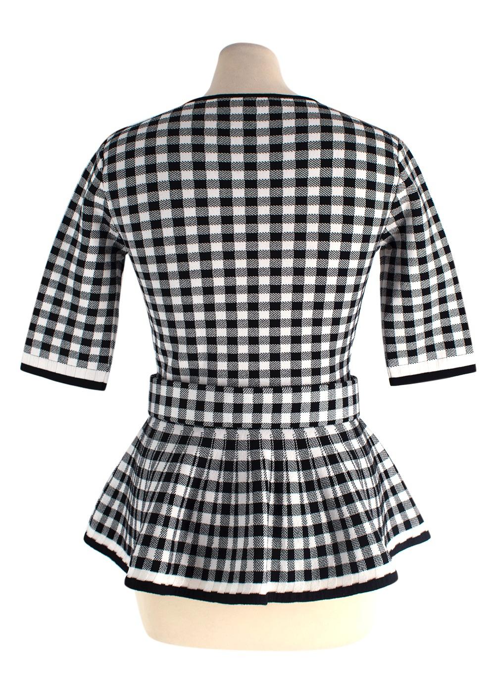 Oscar De La Renta Monochrome Houndstooth Belted Peplum Top