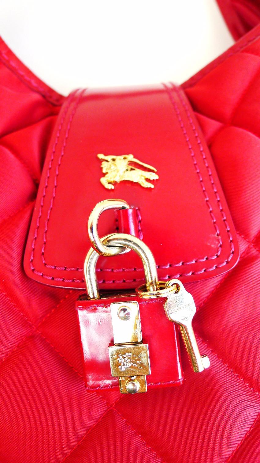 Burberry Red Quilted Fabric Patent Leather Hobo Shoulder Bag