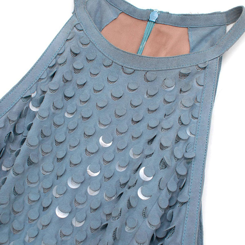 Blue Suede Sequin Embellished Sleeveless Dress