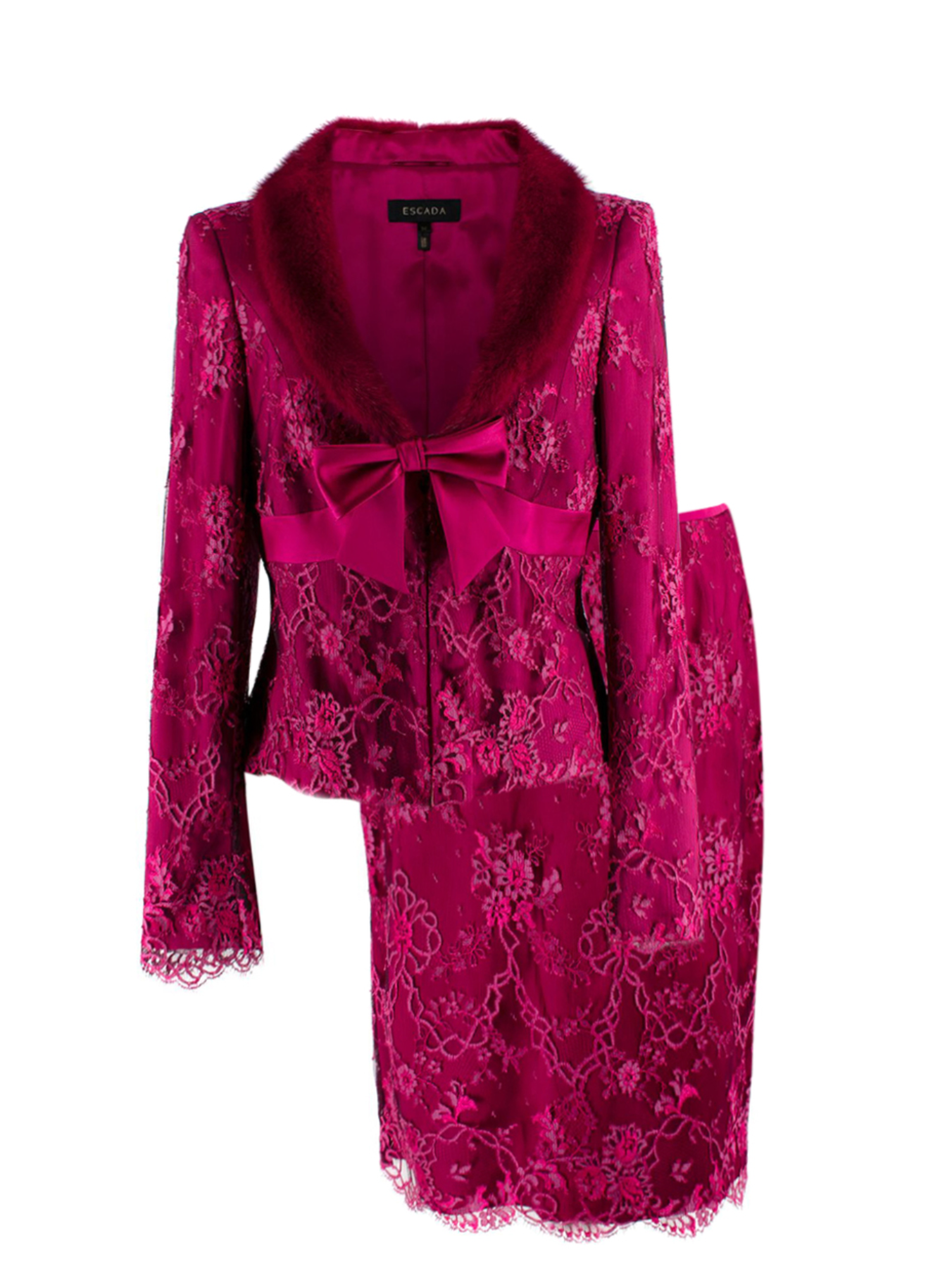 Escada Cherry Lace Mink Fur Trimmed Silk Lace Top and Skirt