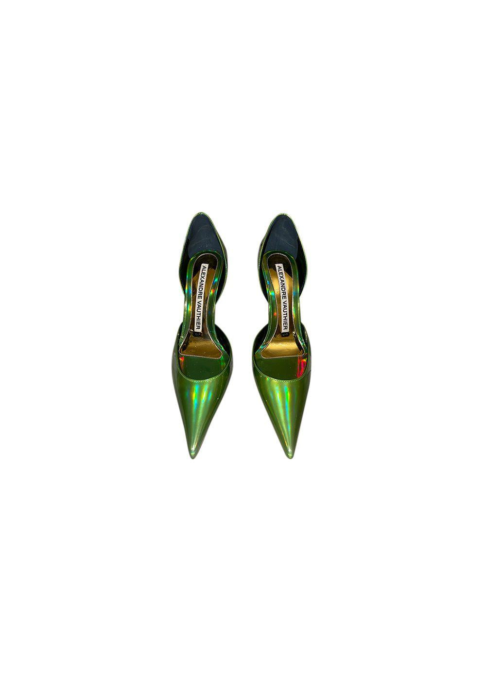 Metallic green exaggerated point toe heeled pumps