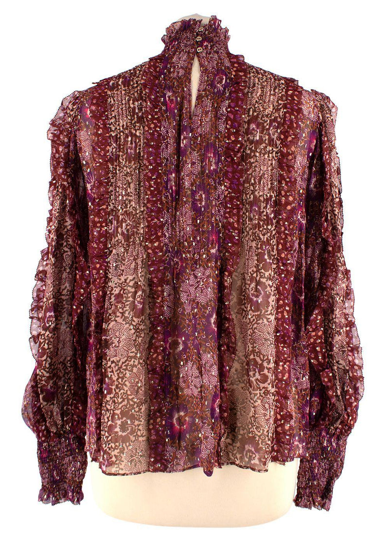 Ulla Johnson Burgundy Patterned Sheer Silk Elita Blouse