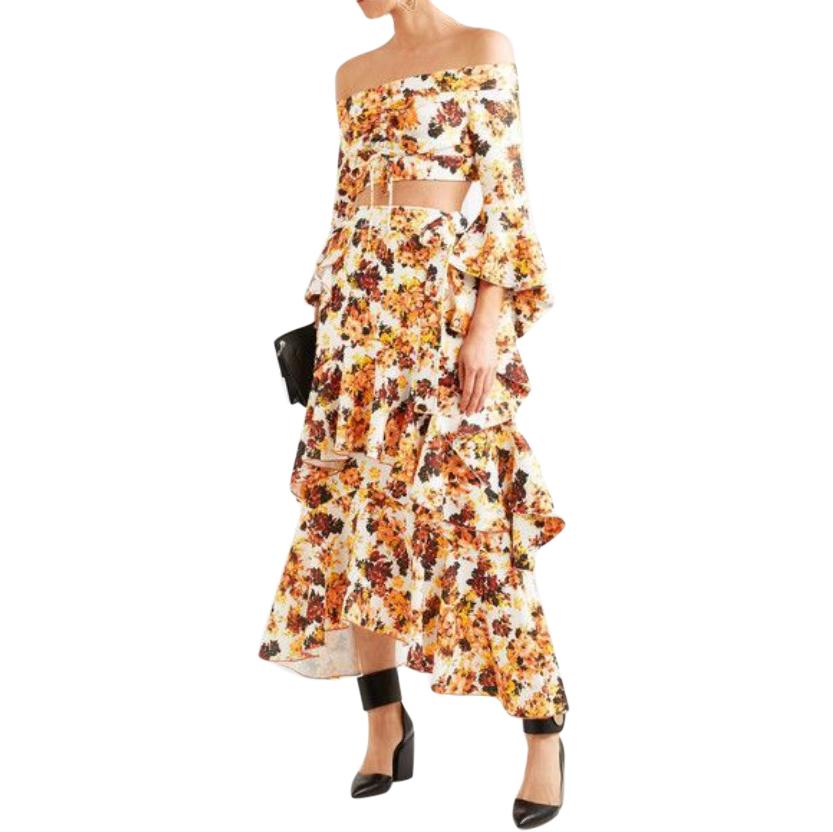 Ellery Orange Floral Print Ruffled Midi Skirt