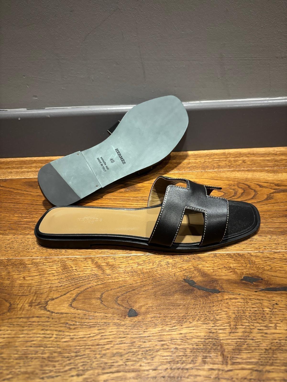 Hermes Black Leather Oran Sandals