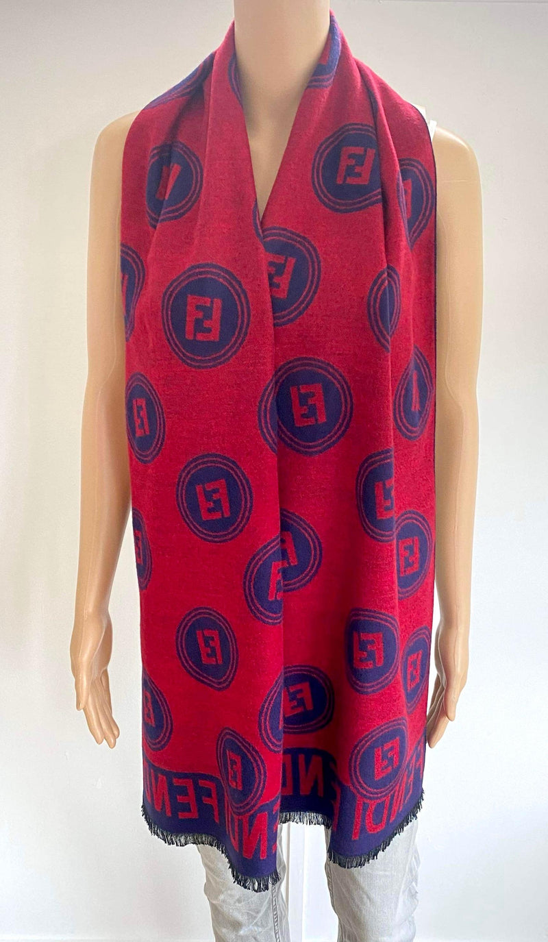 Fendi Navy and Red  Monogram Merino Wool Scarf