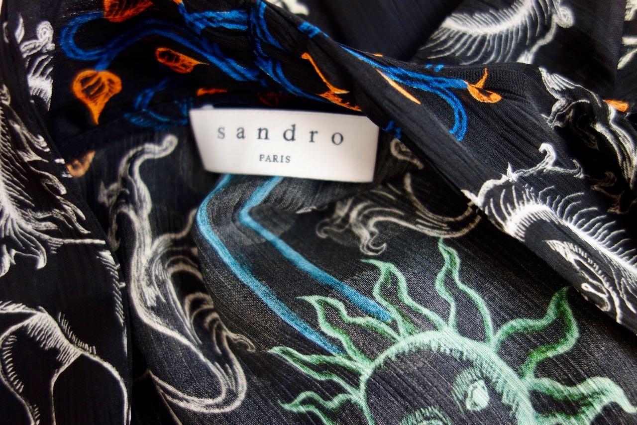 Black zodiac print crepe lavaliere blouse