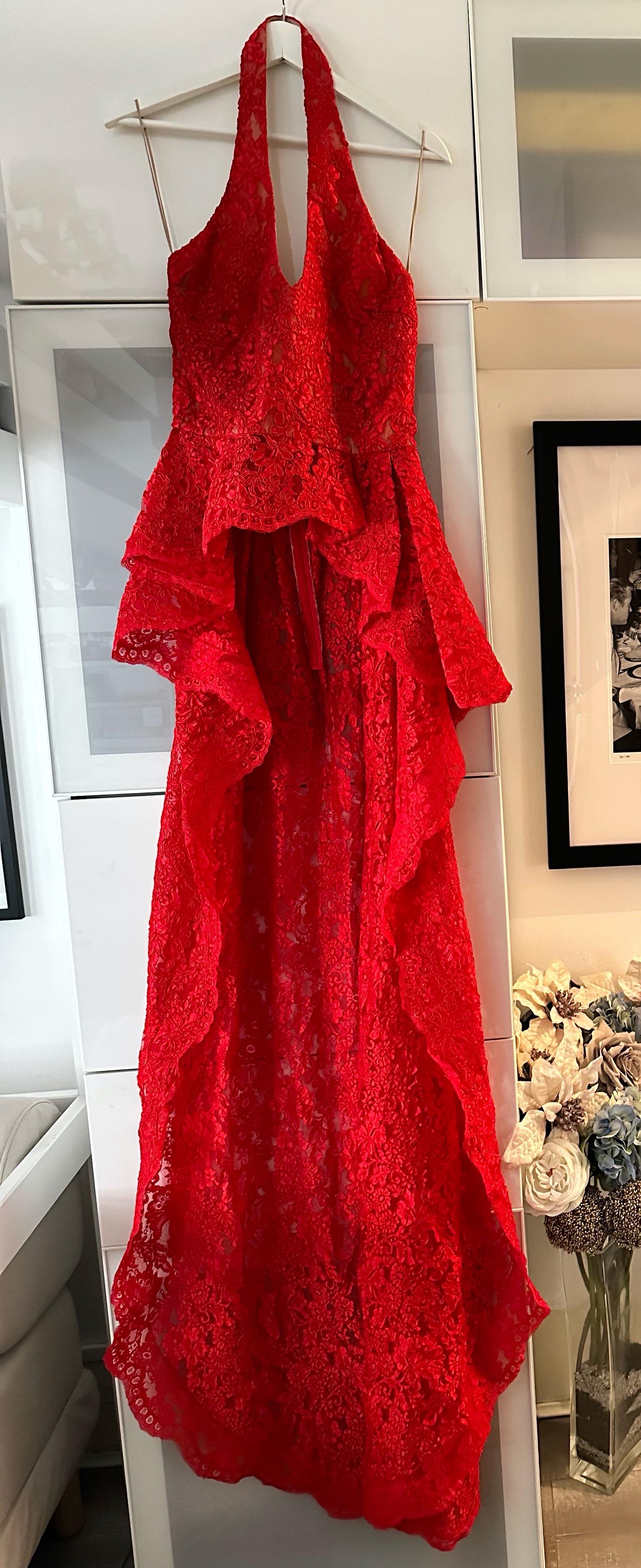 Reem Acra Red Lace Halter-neck Top with Train