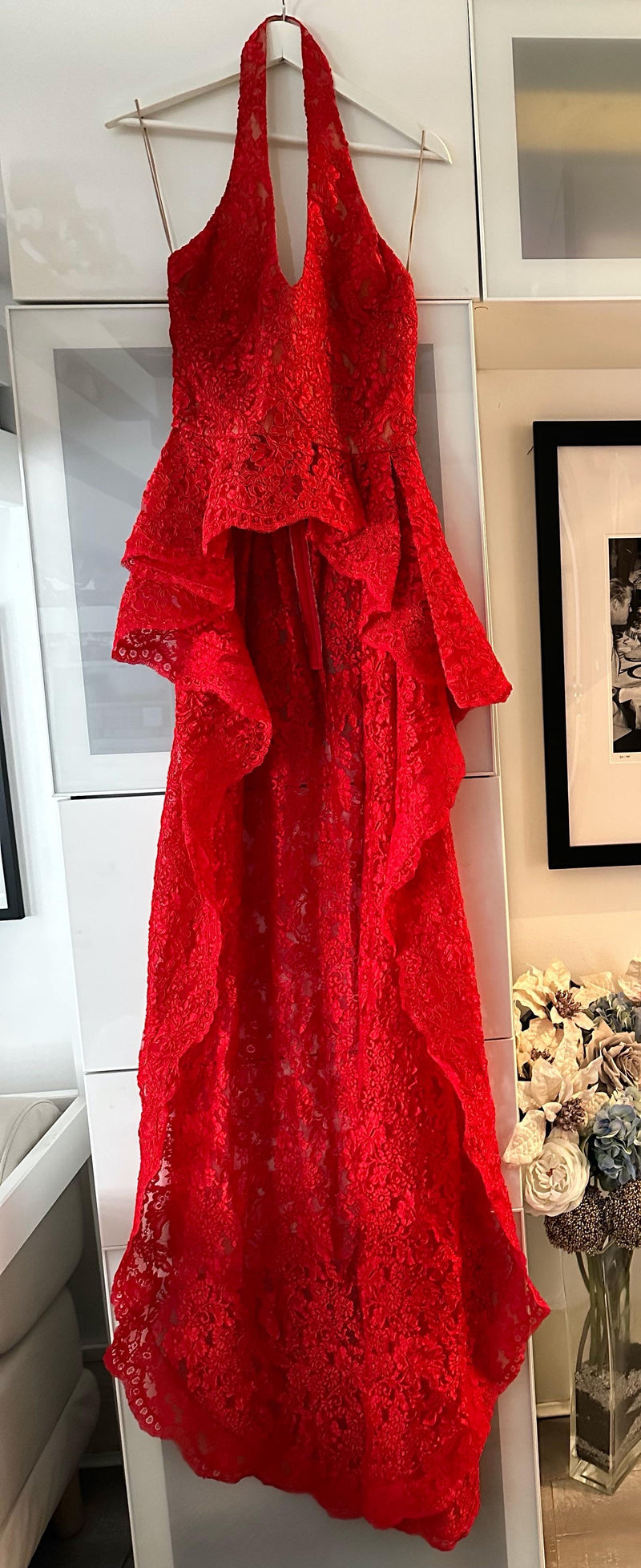 Reem Acra Red Lace Halter-neck Top with Train