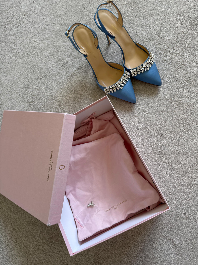 Jennifer Chamandi Embellished Light Blue Satin Slingback Sandals
