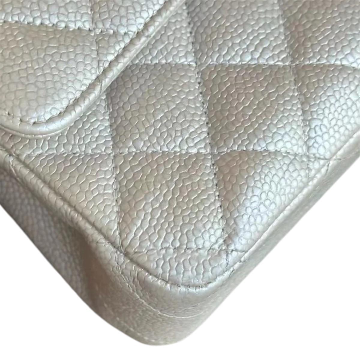 Iridescent Beige Medium  Quilted Caviar Grained Calfskin Double Flap Bag