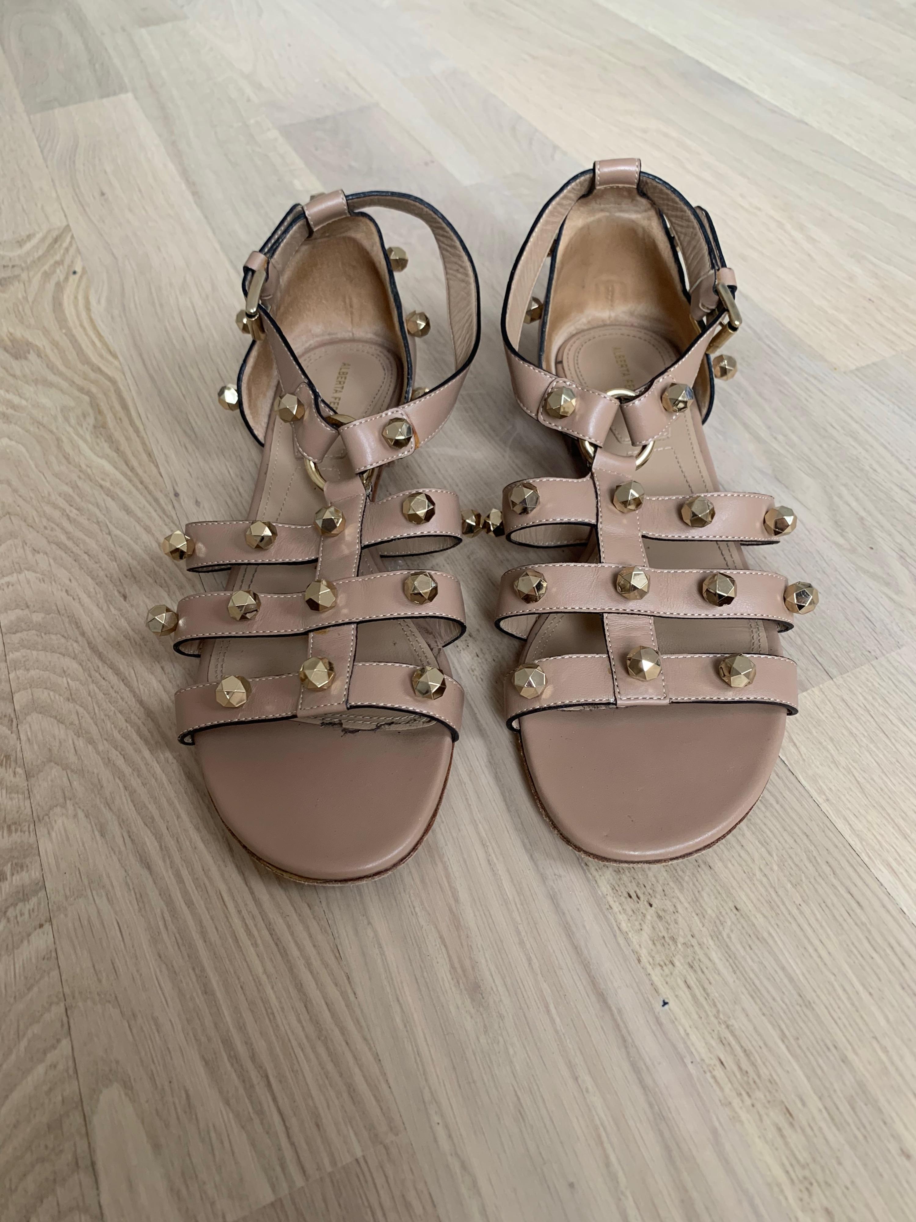Nude Leather Studded Gladiator Sandals