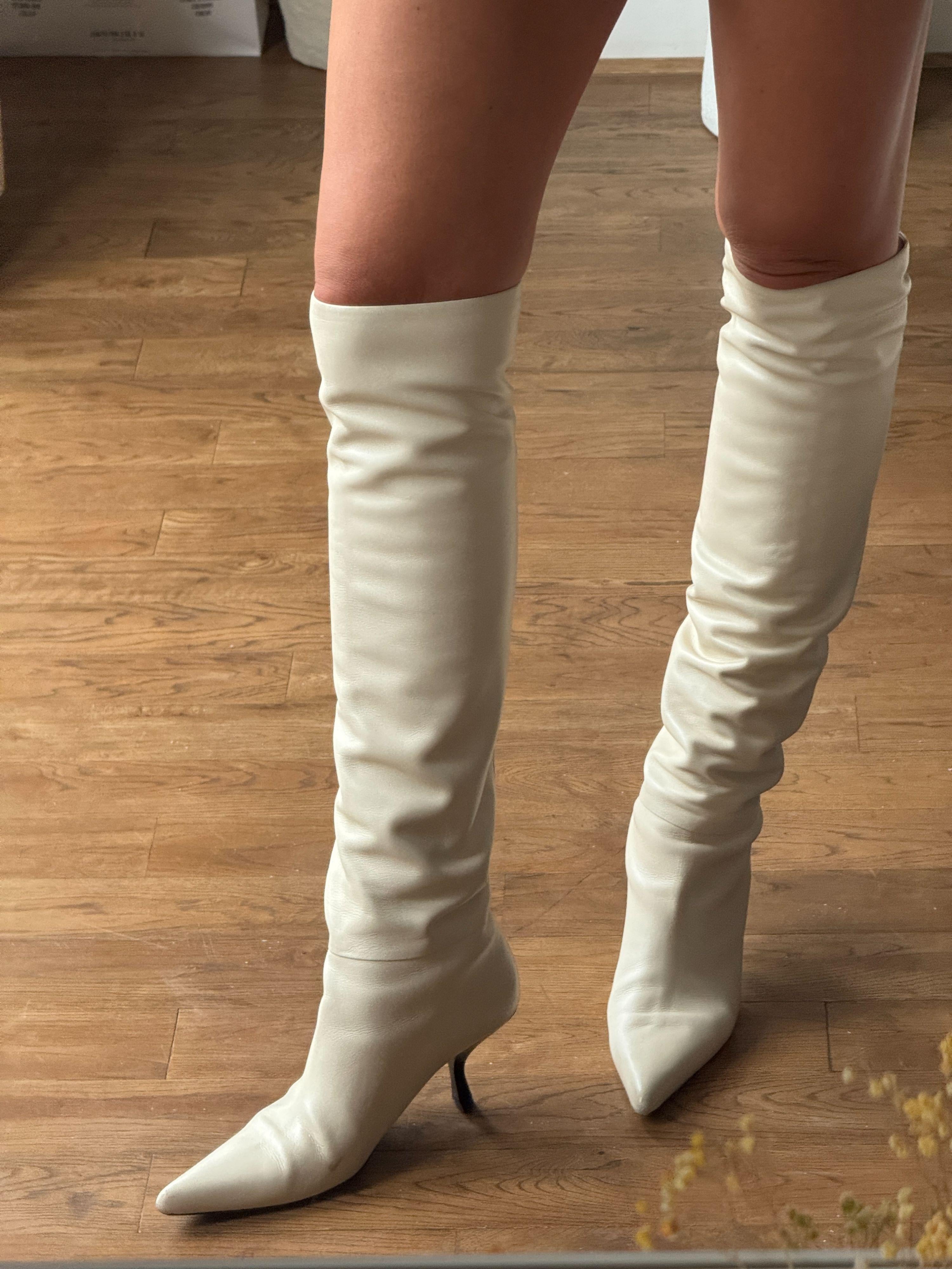 The Row Cream Calfskin Bourgeoisie Over-the-Knee Boots