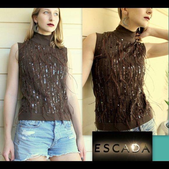Escada Brown Wool Feather Sequins Sleeveless Top