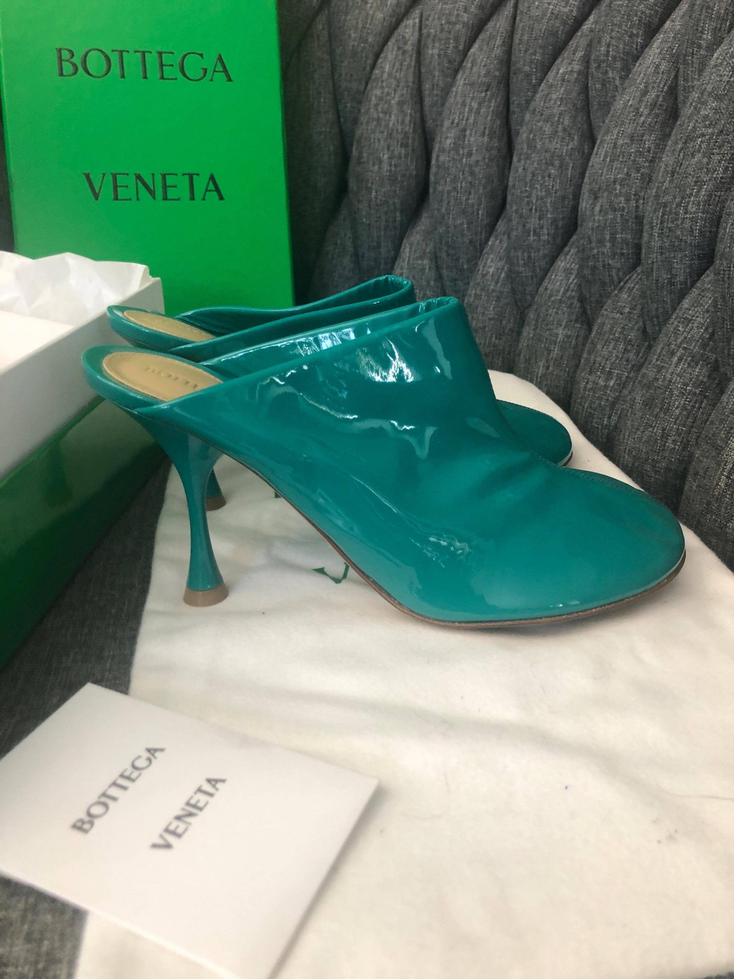 Bottega Veneta Teal Patent Leather Dot Mules