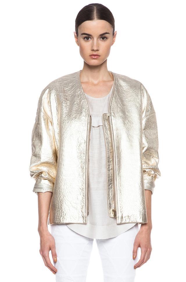 Metallic gold leather collarless jacket