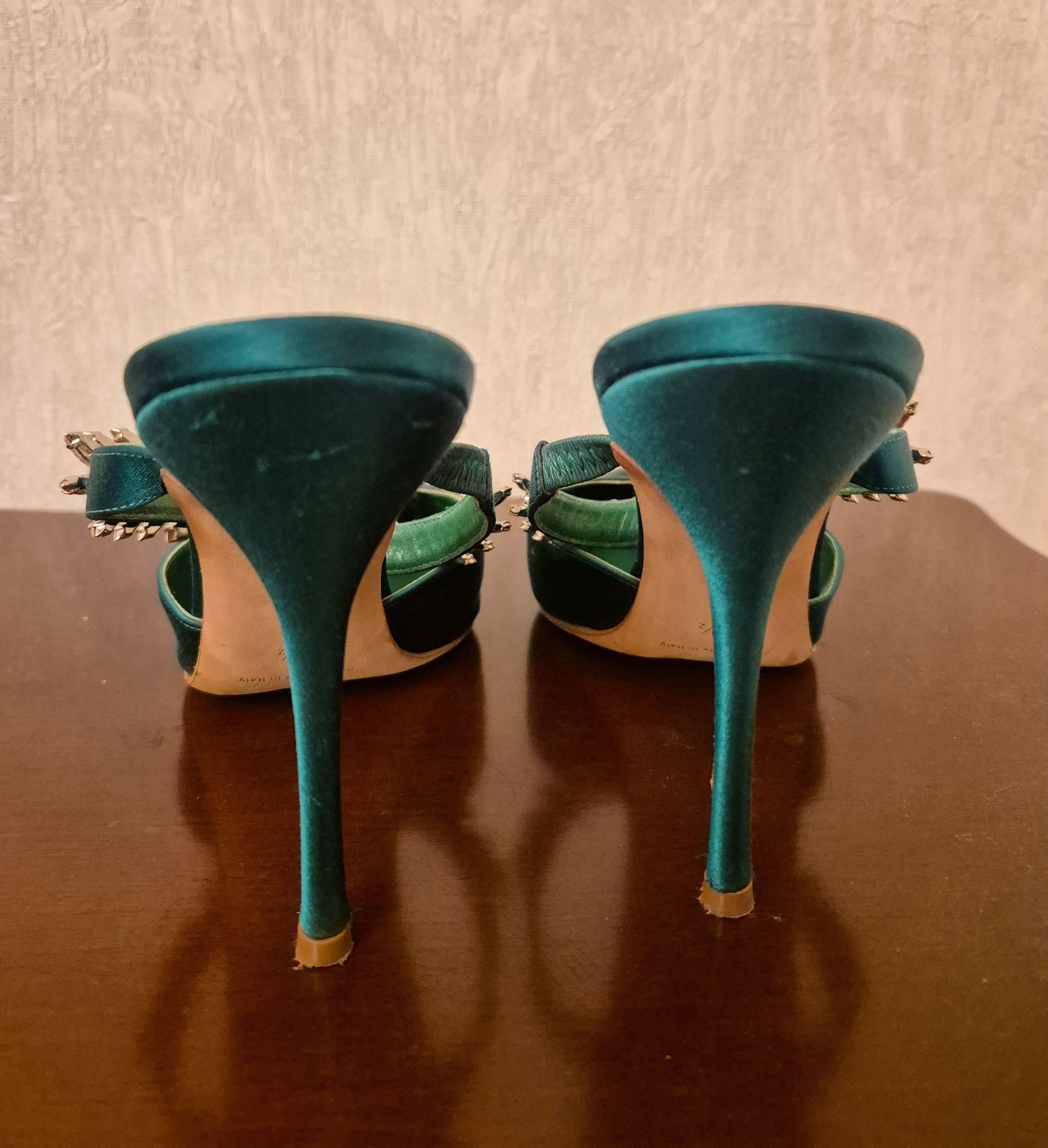 Manolo Blahnik Embellished Green Satin Mules