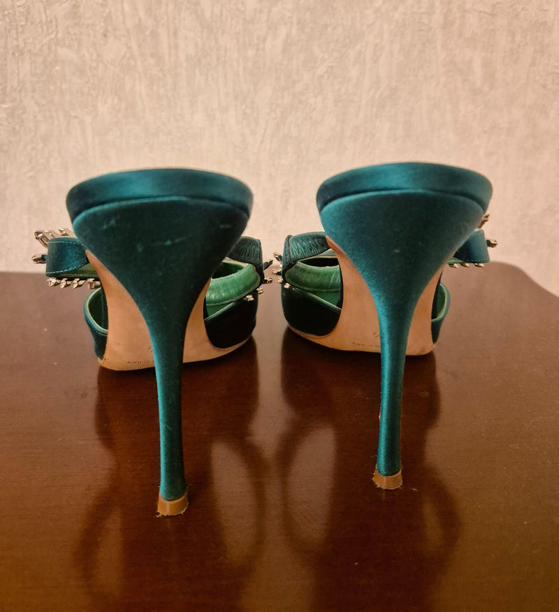 Manolo Blahnik Embellished Green Satin Mules