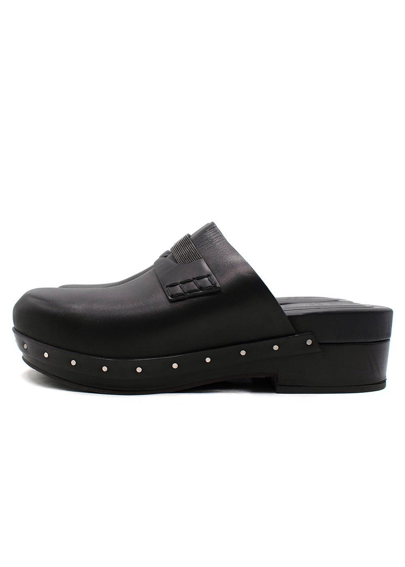 Brunello Cucinelli Black Bead-Embellished Leather Clogs