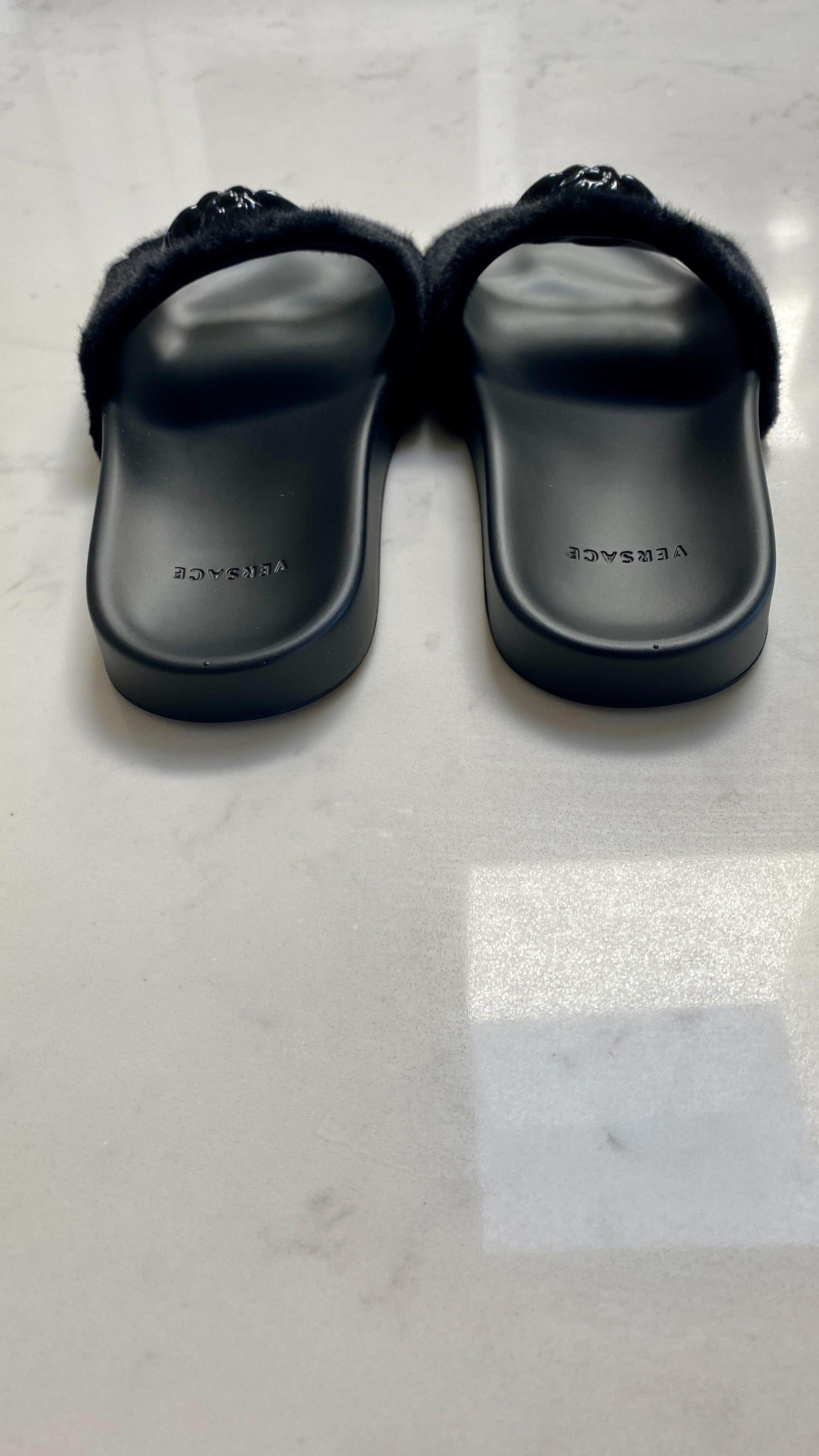 Versace Black Faux Fur Medusa Slides
