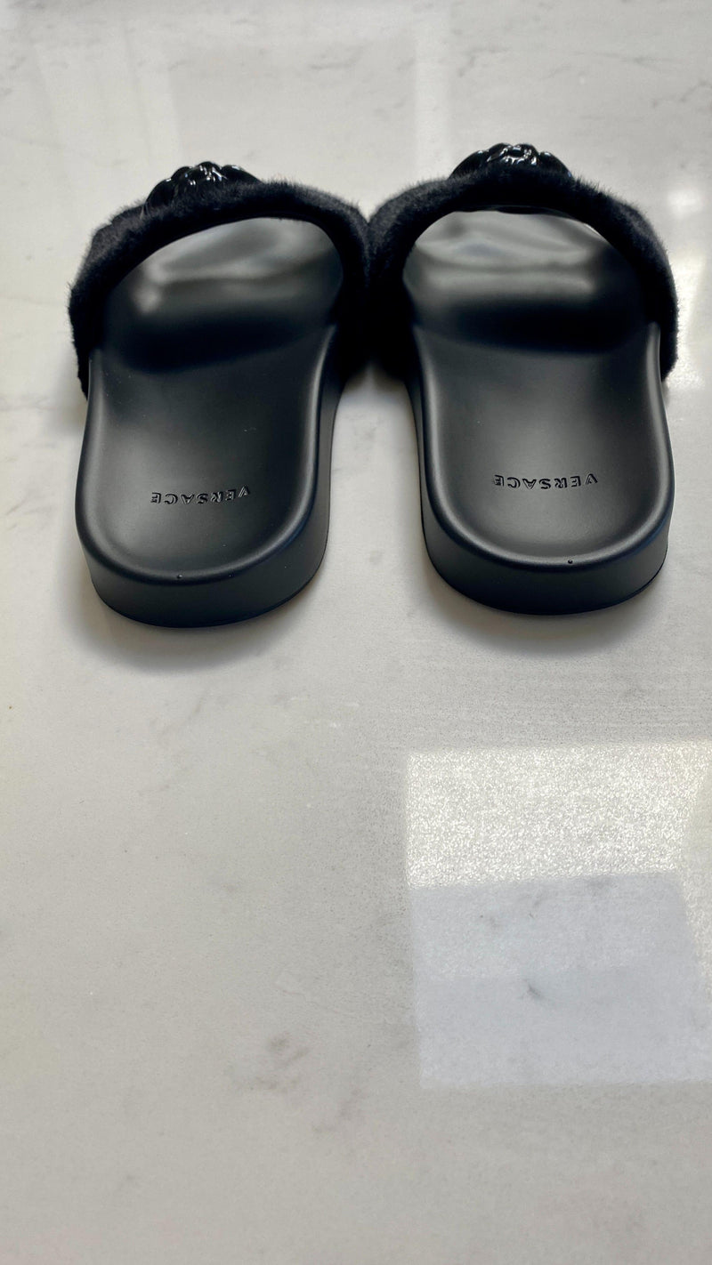 Versace Black Faux Fur Medusa Slides