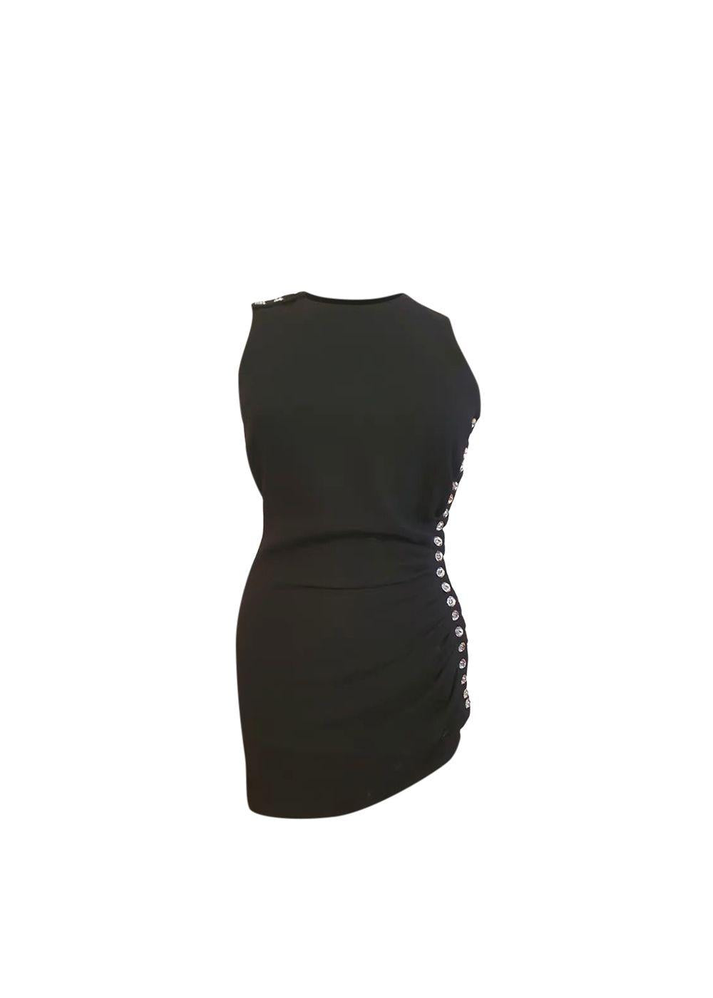 Black wool crepe crystal embellished ruched mini dress